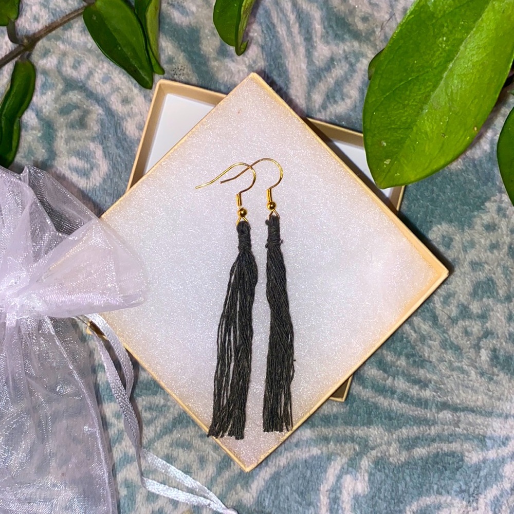Green Medium Hand Crafted Macrame Style Fringe Gold Toned Dangle Earrings